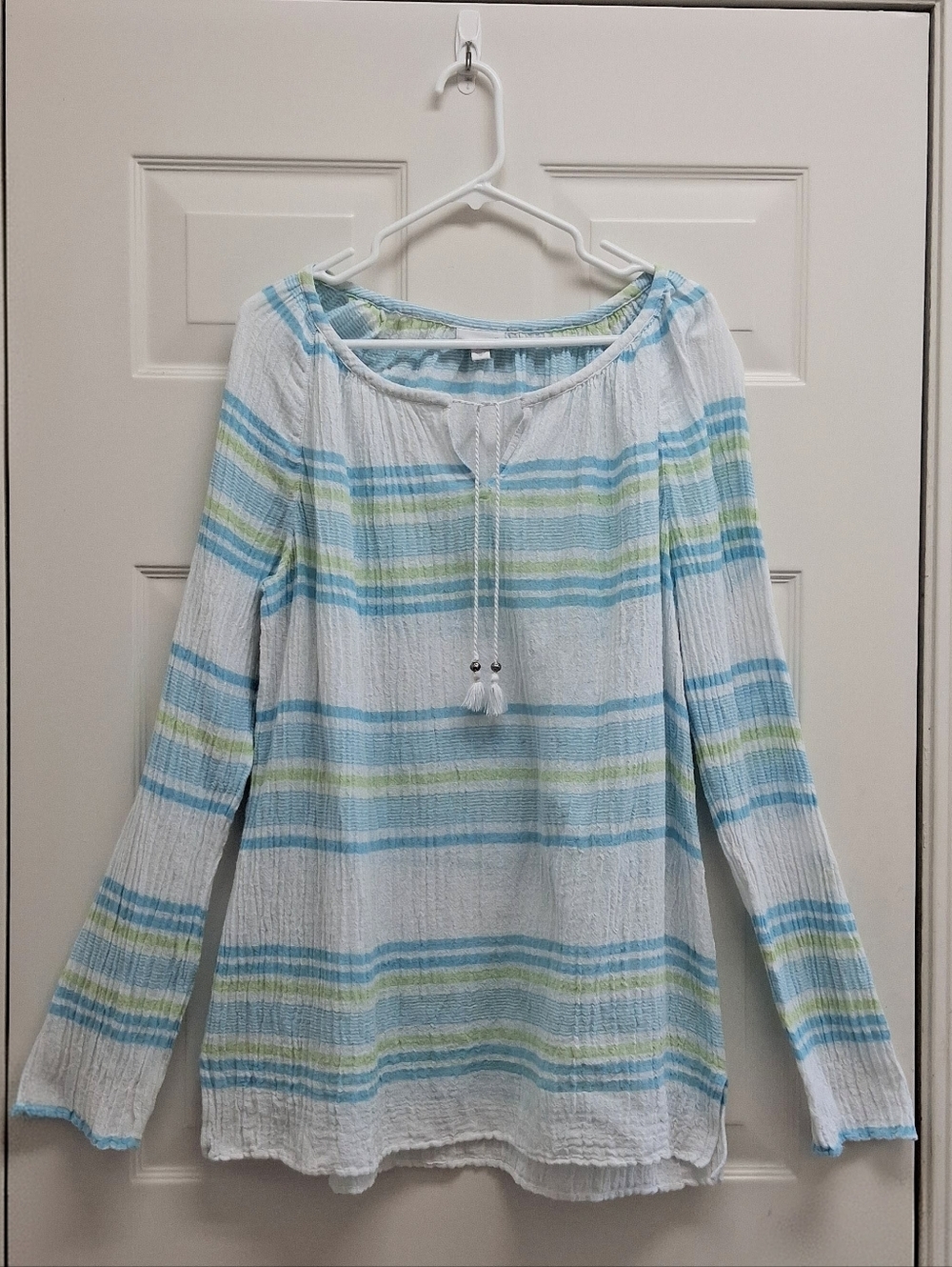 J. Jill Crinkle Gauze Tunic Top Stripes Tassel Tie XL Boho Beach Coastal Resort